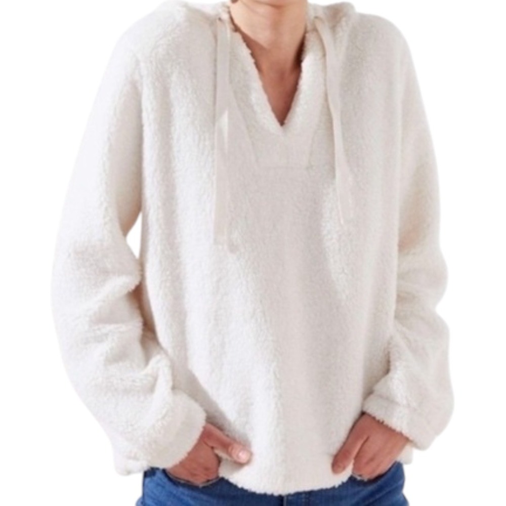NWT LOFT V-Neck Sherpa Hoodie Ivory Pullover Sweater Top Size Small Cozy Lounge